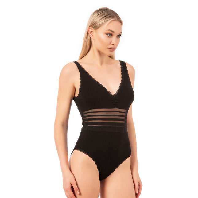 Women's Black Cotton Bodysuit with Sheer Stripe Waist & Lace Trim – Elegant & Comfortable