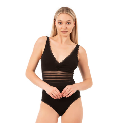 Women's Black Cotton Bodysuit with Sheer Stripe Waist & Lace Trim – Elegant & Comfortable