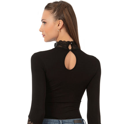 Women's Long Sleeve Lace Bodysuit – Elegant High Neck Design | Black