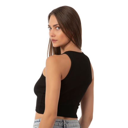 Women’s Ribbed High-Neck Crop Tank Top – Stretchy, Breathable Cotton Blend for Casual & Active Wear