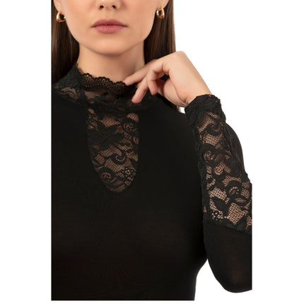 Women's Long Sleeve Lace Bodysuit – Elegant High Neck Design | Black
