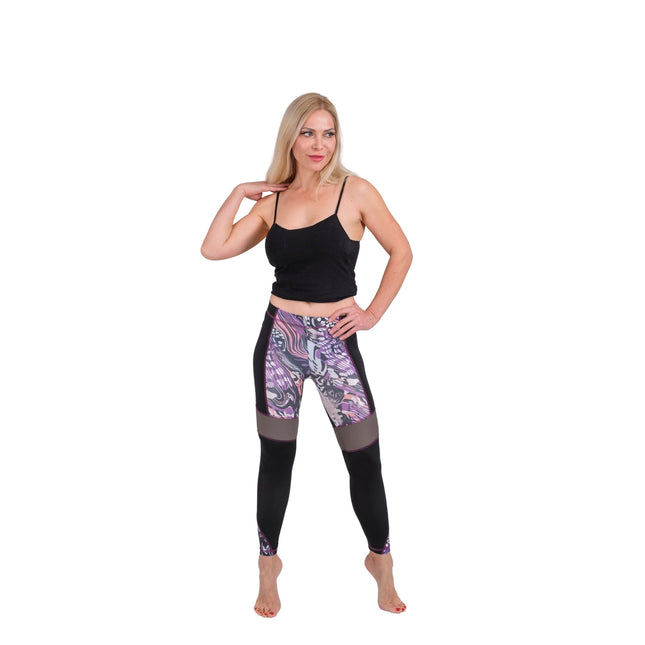 BoldMesh Sculpt Yoga Leggings – Black & Violet Pattern (Breathable Fit)