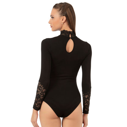 Women's Long Sleeve Lace Bodysuit – Elegant High Neck Design | Black