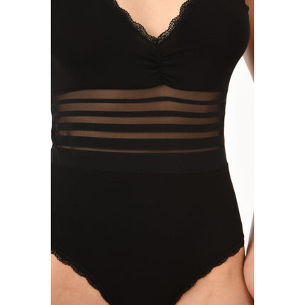 Women's Black Cotton Bodysuit with Sheer Stripe Waist & Lace Trim – Elegant & Comfortable