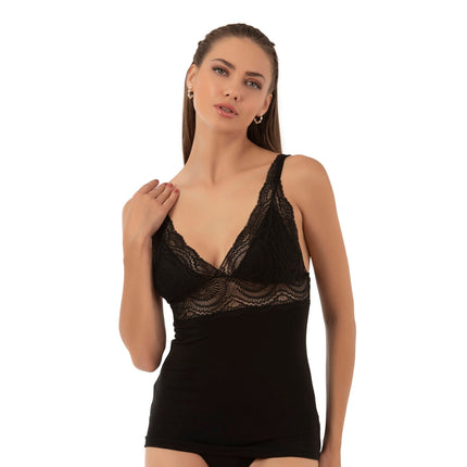 Women’s Lace Trim Cotton Modal Camisole – V-Neck Stretch Tank Top with Wide Straps