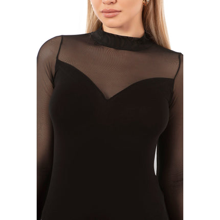 Women's Long Sleeve Black Mesh Bodysuit – Elegant Sheer Panel Viscose Stretch Leotard