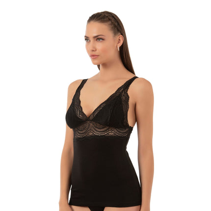 Women’s Lace Trim Cotton Modal Camisole – V-Neck Stretch Tank Top with Wide Straps