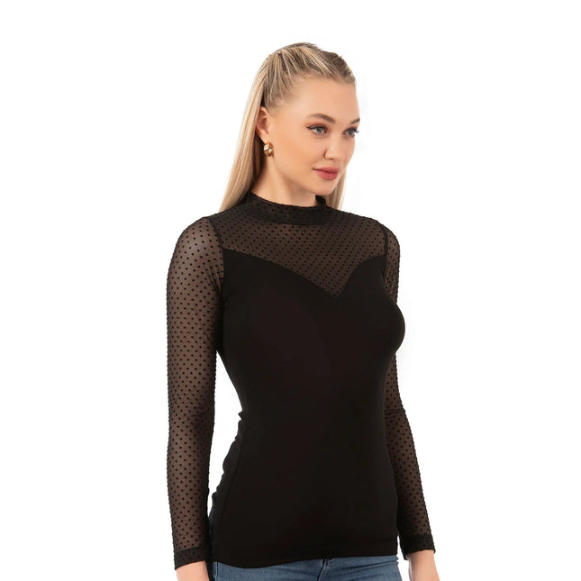 Women’s Long Sleeve Mesh Top – Black Sheer Polka Dot Turtleneck Shirt | Viscose Blend