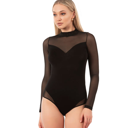 Women's Long Sleeve Black Mesh Bodysuit – Elegant Sheer Panel Viscose Stretch Leotard