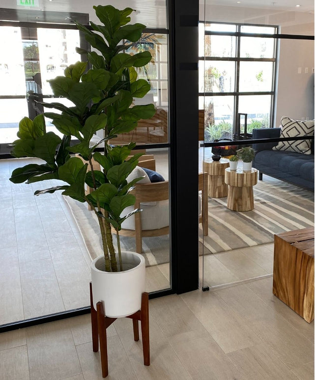 Boni White Mid - Century Cement Planter With Wooden Stand