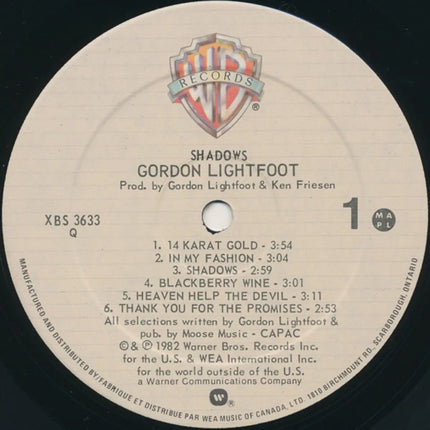 Gordon Lightfoot – Shadows - 1982 Original