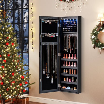 Wall or Door Mounted Jewelry Cabinet with Full-Length Mirror and LED Lights-Black
