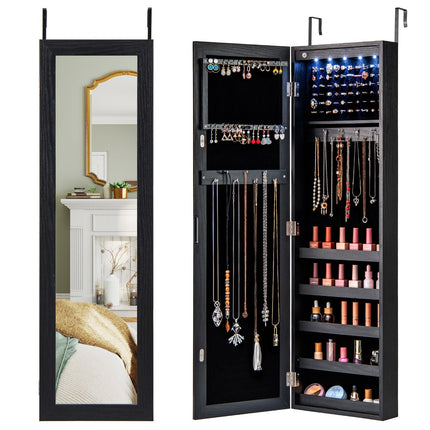 Wall or Door Mounted Jewelry Cabinet with Full-Length Mirror and LED Lights-Black