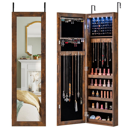Wall or Door Mounted Jewelry Cabinet with Full-Length Mirror and LED Lights-Black