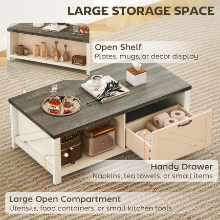 Lowen Farmhouse Coffee Table with Drawer and Open Storage Shelf-Distressed Grey/White