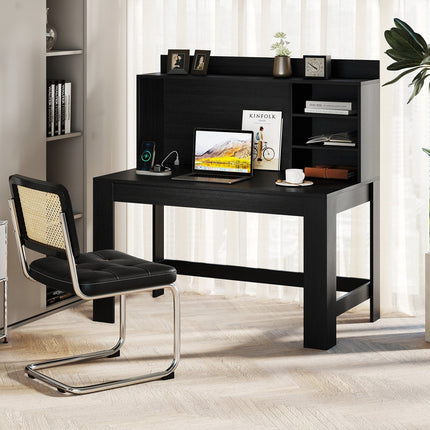 Modern Computer Desk with Hutch and Storage Shelves-Black