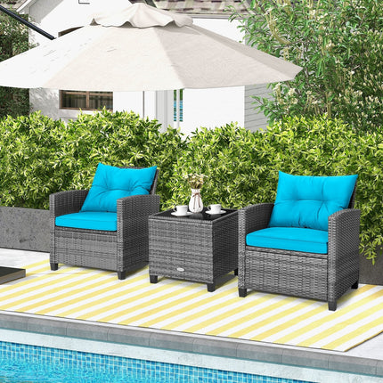 3 Pieces Outdoor Wicker Conversation Set with Tempered Glass Tabletop-Black