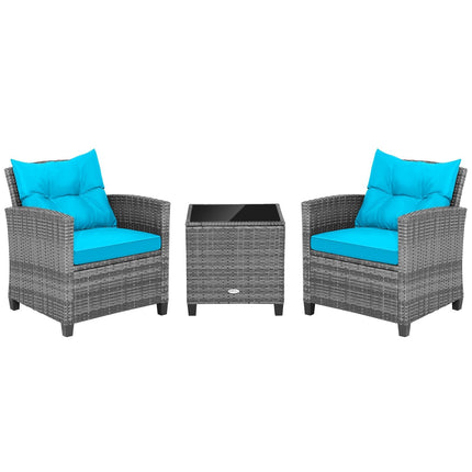 3 Pieces Outdoor Wicker Conversation Set with Tempered Glass Tabletop-Black