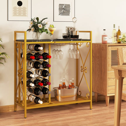 21 Bottle Wine Rack Freestanding Floor Wine Bottle Organizer with Glass Holder-Golden
