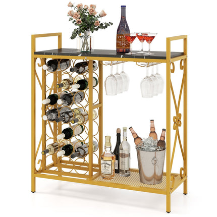 21 Bottle Wine Rack Freestanding Floor Wine Bottle Organizer with Glass Holder-Golden