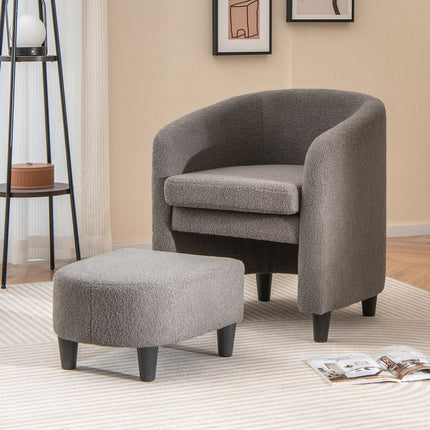 Modern Upholstered Barrel Teddy Velvet Chair with Ottoman-Beige