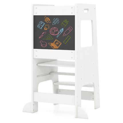 Toddler Kitchen Step Stool with Activity Chalkboard and Adjustable Height-Natural