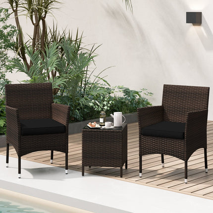 3 Pieces Outdoor Conversation Set with Cushioned Seat and Glass Tabletop-Beige