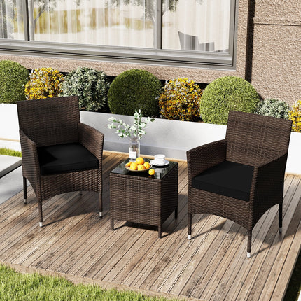 3 Pieces Outdoor Conversation Set with Cushioned Seat and Glass Tabletop-Beige
