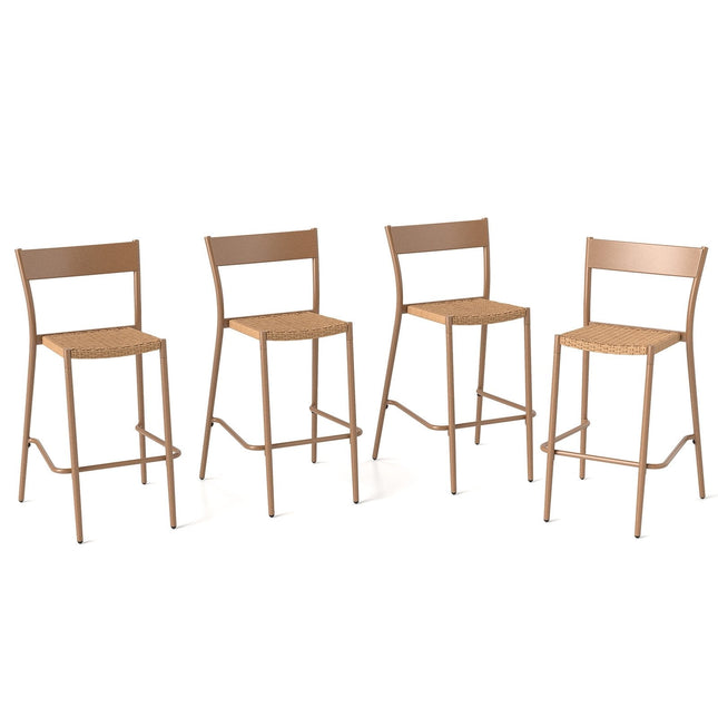 Patio Barstools Set of 4 with Rattan Seat and Metal Backrest-Light Brown