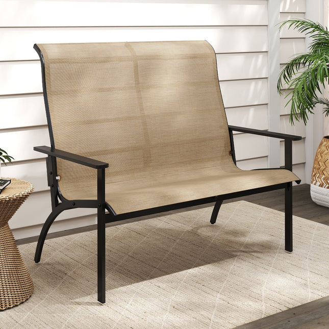 2-Person Patio Garden Bench with High Back and Armrests-Coffee