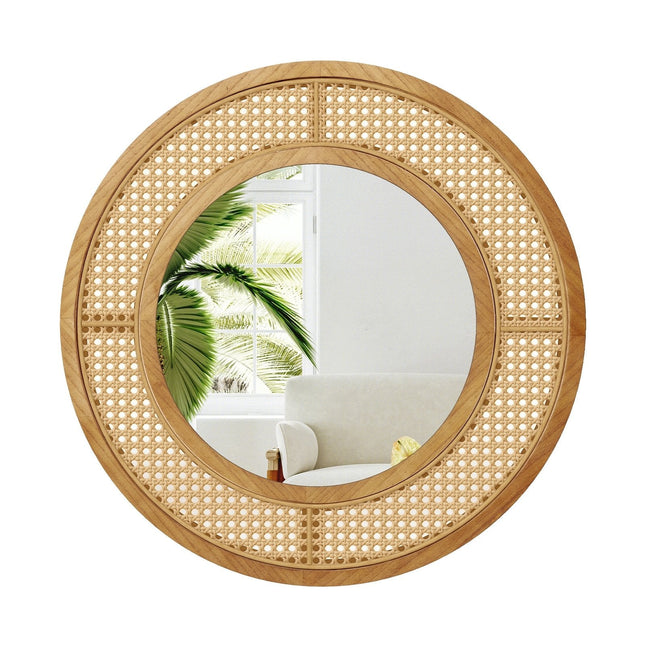 25.5 Inch Bohemian Round Wall Mounted Decorative Mirror with Wooden Frame-Natural