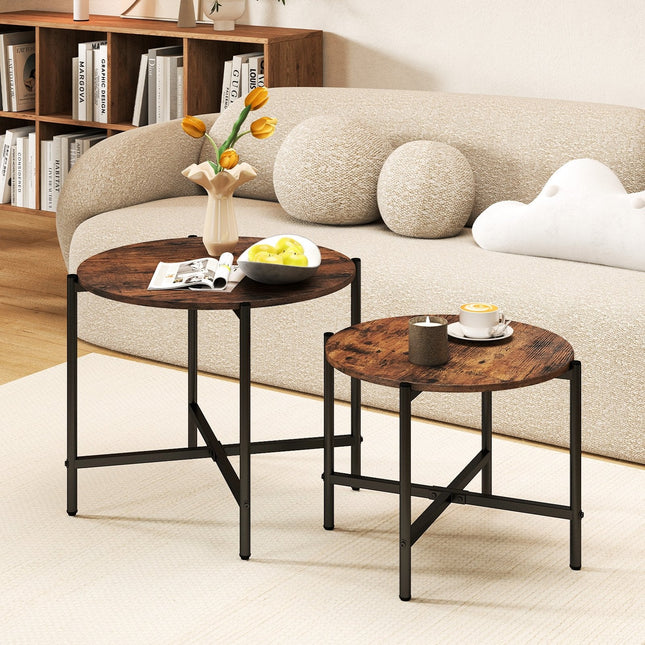 Round Coffee Table Set of 2 with Heavy-Duty Metal Frame-Rustic Brown