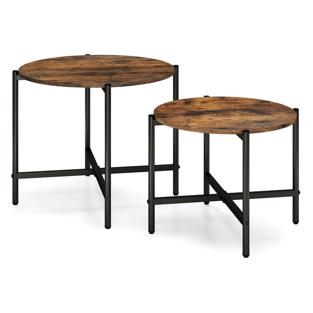 Round Coffee Table Set of 2 with Heavy-Duty Metal Frame-Rustic Brown