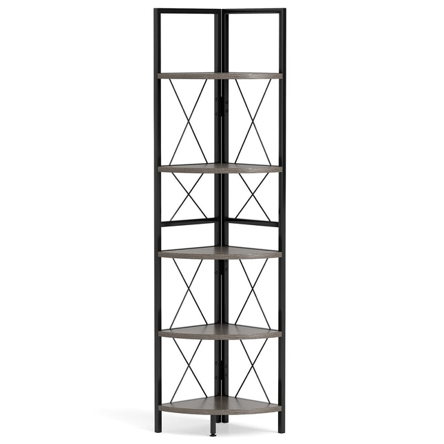 5-Tier Freestanding Corner Shelf 63 Inch Tall Storage Rack-Oak