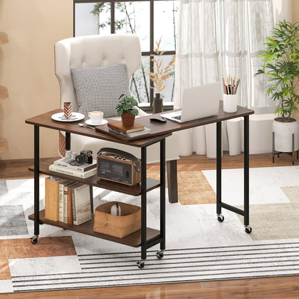 360° Rotating Sofa Side Table with 2-Tier Storage Shelves-Brown