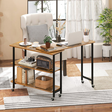 360° Rotating Sofa Side Table with 2-Tier Storage Shelves-Brown