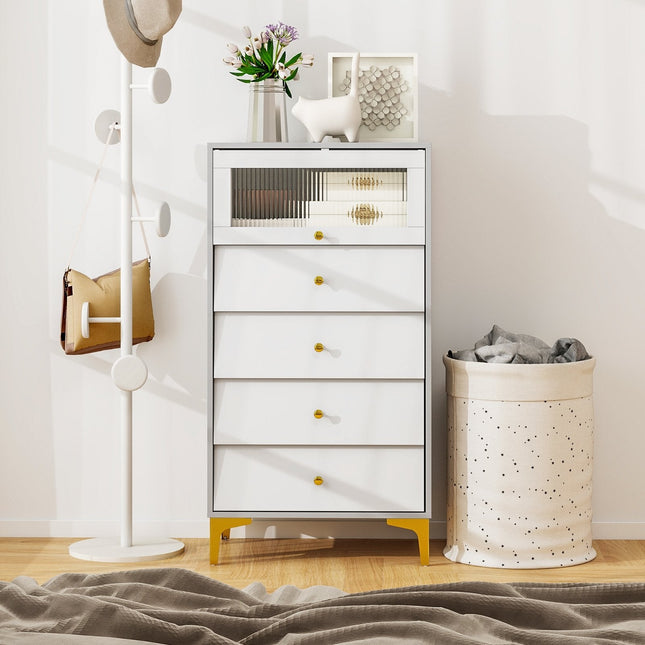 4 Drawer Modern Storage Cabinet with Flip Up Fluted Glass Door-Gray and White