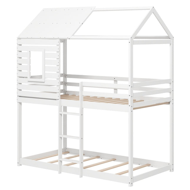 Twin over Twin House Bunk Bed with Roof and Full-length Guardrails-White