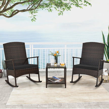 3 Piece Patio Rocking Set Wicker Rocking Chairs with 2-Tier Coffee Table-Black