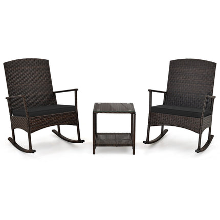 3 Piece Patio Rocking Set Wicker Rocking Chairs with 2-Tier Coffee Table-Black
