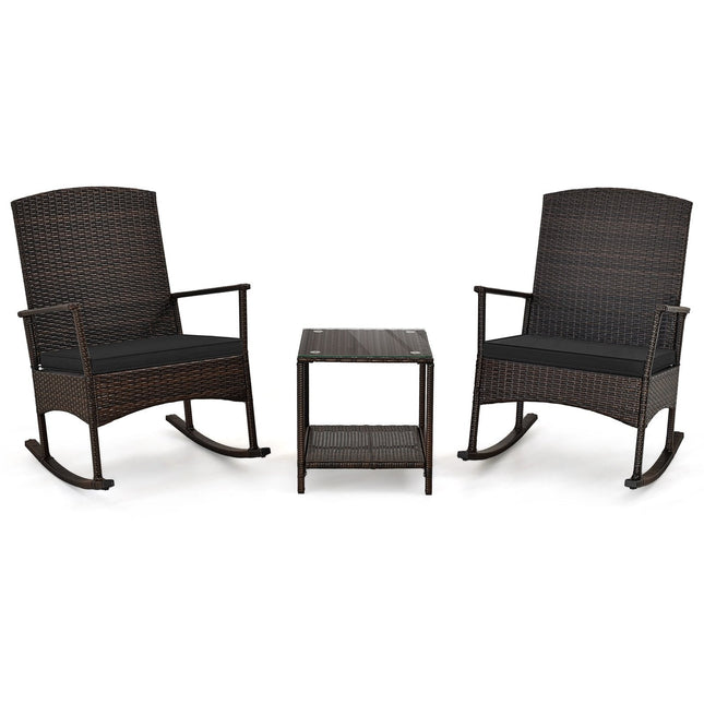 3 Piece Patio Rocking Set Wicker Rocking Chairs with 2-Tier Coffee Table-Black