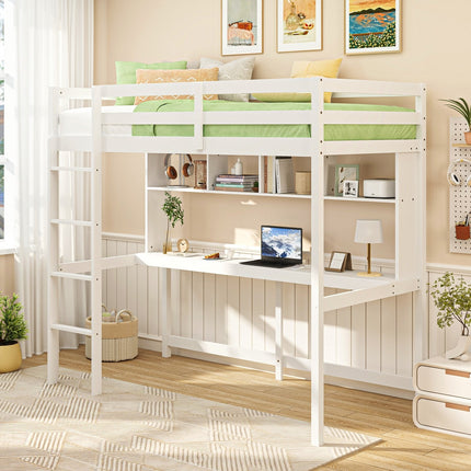 Twin Size Loft Bed with Desk and Shelves for Home Dorm Apartment No Box Spring Needed-White