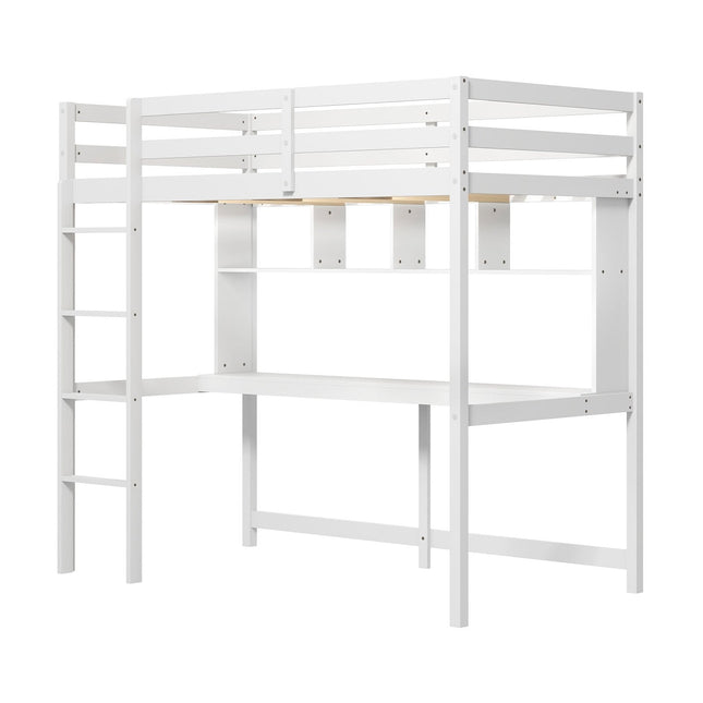 Twin Size Loft Bed with Desk and Shelves for Home Dorm Apartment No Box Spring Needed-White