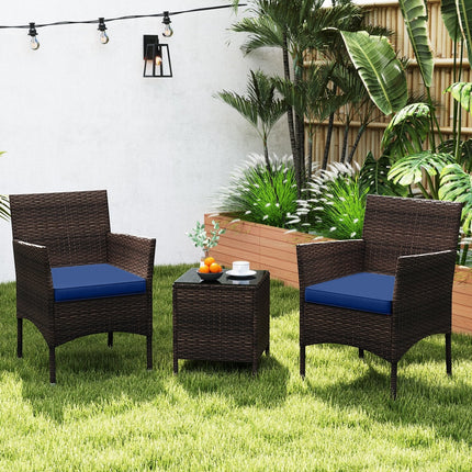 3 Pieces Outdoor Conversation Set with Cushioned Seat and Glass Tabletop-Beige