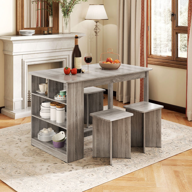 5 Pieces Dining Table Set with Storage Shelf and 4 Stools-Gray