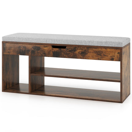 Padded Seat Shoe Bench with Hidden Storage and 3 Open Shelves-Coffee