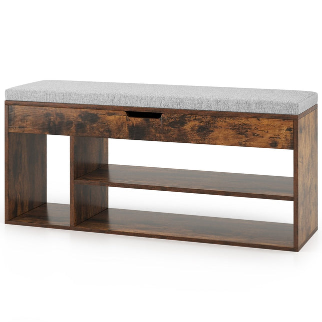 Padded Seat Shoe Bench with Hidden Storage and 3 Open Shelves-Coffee