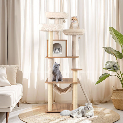 68 Inch Tall Cat Tree with 3 Padded Perches Condo and Sisal Scratching Posts-Natural