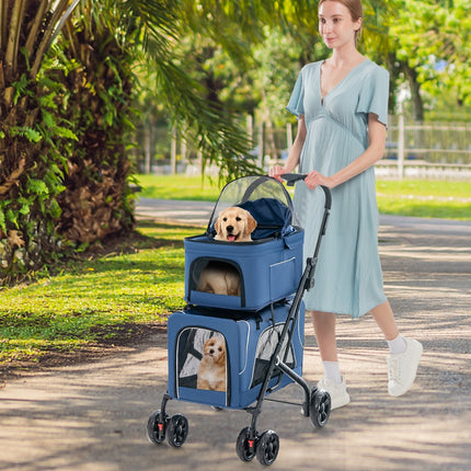 Double Pet Stroller Foldable 3-in-1 Dog Stroller with 2 Detachable Carriers-Beige