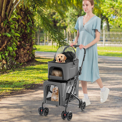 Double Pet Stroller Foldable 3-in-1 Dog Stroller with 2 Detachable Carriers-Beige